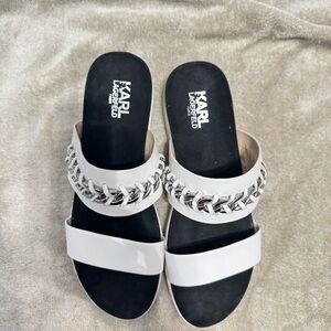 Karl Lagerfeld Paris Meslay Womens White Leather Sandals With Silver Accents